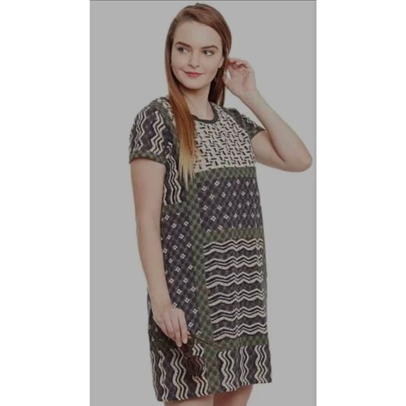 Label Ritu Kumar Pyramid Waves Dress Sz S Eyelet Black Green Tan Short Sleeve - Picture 1 of 5